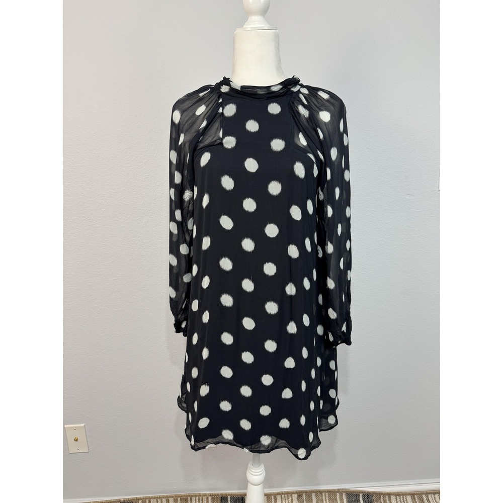 Maeve Anthropologie Dress Women's XS Black Polka Dot High Neck Bow Back Swing